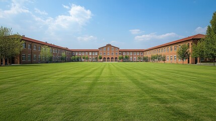 A large, manicured lawn stretches out in front of a red brick building with arched entryways.
