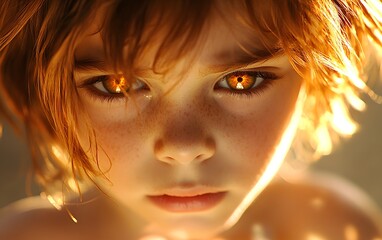 A close-up portrait of a child with striking eyes and freckles, capturing an intense expression.