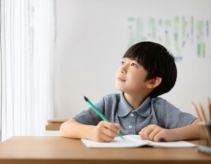 机に座って学習する子供