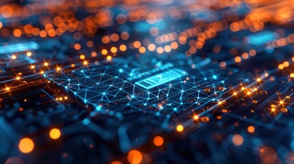 Obraz premium Abstract digital network of glowing lines and dots on a circuit board.