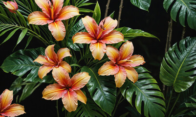 Obraz premium Orange lilies bloom against a backdrop of lush green leaves
