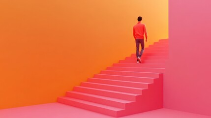 A person ascends colorful stairs in a vibrant, abstract space.