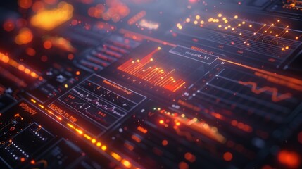 Futuristic digital interface with glowing lines and graphs.