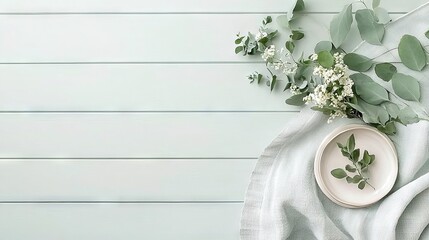  Table with white cloth, flowers on plate & vase of flowers