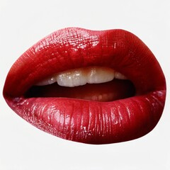Obraz premium close-up of a pair of sensual, glossy red lips. The lips are prominently featured, taking up the majority of the frame, with the teeth visible in the center. The lighting and focus draw attention to t
