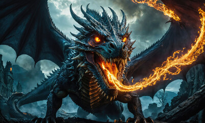 A massive dragon breathes fire in front of a dark, cloudy sky