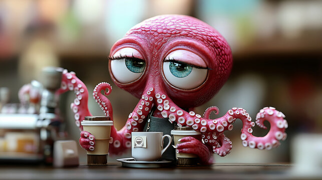 An octopus enjoying coffee at a café table, showcasing a whimsical and colorful character in a cozy environment