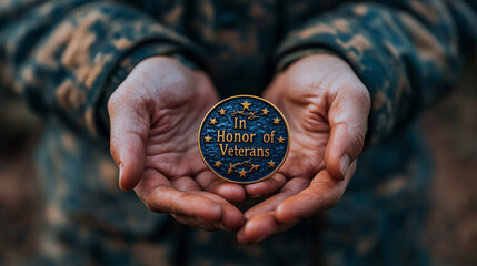 A close-up of hands holding a flag pin with "In Honor of Our Veterans"