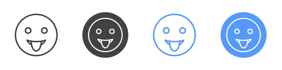 Face with tongue icon Flat set in black and white color