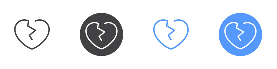 Heart break icon Flat set in black and white color