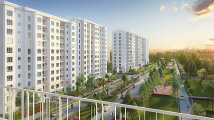 A white apartment complex with a green park in the middle