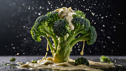 A close-up of a vibrant green broccoli head, dripping with a creamy yellow sauce, against a dark, blurred background with water droplets.
