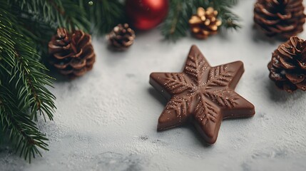 A festive chocolate star surrounded by pinecones and Christmas decorations, set against a snowy backdrop.