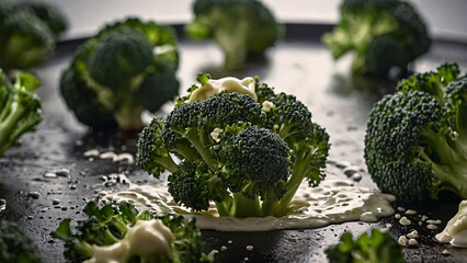 A close-up of a vibrant green broccoli head, dripping with a creamy yellow sauce, against a dark, blurred background with water droplets.