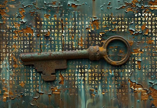 Rusty key on a weathered surface with letters.