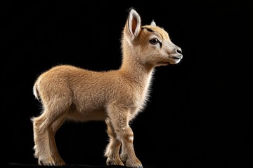Fototapeta premium the beside view baby Alpine Ibex standing, left side view, low angle, white copy space on right, Isolated on black Background