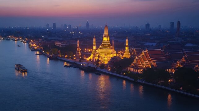 A beautiful panoramic shot of Bangkok at dusk, with the Grand Palace and Wat Arun