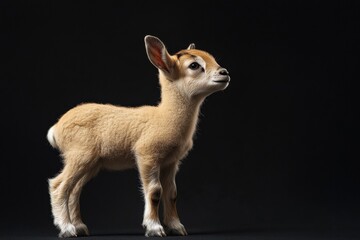Fototapeta premium the beside view baby Alpine Ibex standing, left side view, low angle, white copy space on right, Isolated on black Background