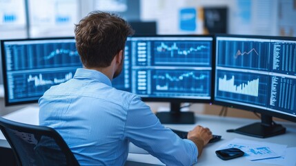 Businessman Analyzing Financial Data on Multiple Monitors