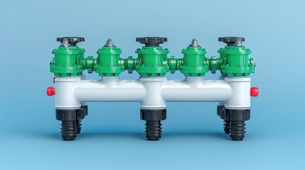Fototapeta premium 3D Irrigation System Manifold with Green Valves and White Pipes Agricultural Technology