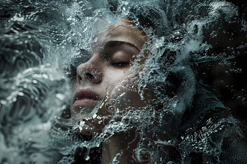 Fototapeta premium A serene young woman of Middle Eastern descent submerged underwater, her peaceful expression enveloped by shimmering bubbles and rippling water.