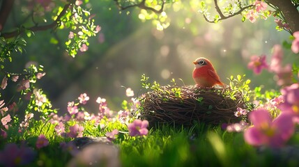   A bird perched atop a nest amidst a field of pink blooms and verdant foliage
