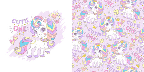 Little unicorn illustration and seamless pattern vector set