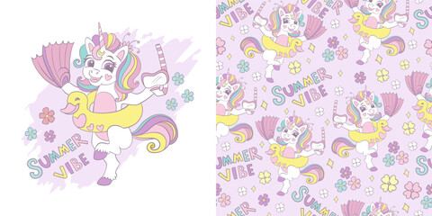 Cute unicorn illustration in dress and seamless pattern vector