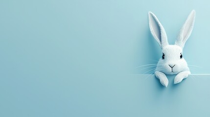 Obraz premium A bunny peeks from a blue wall, its head protruding from a corner