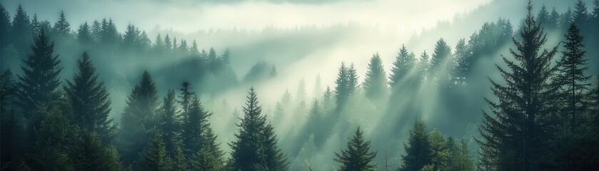 A serene forest shrouded in mist, with beams of light filtering through the trees, creating a tranquil and ethereal atmosphere.