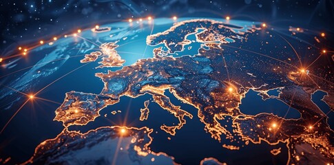 Fototapeta premium Digital Map of Europe Highlighting Middle East Connectivity, Global Network and Business Exchange, Online Communication Technology, Global Trade, Glowing Light Effects