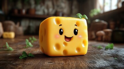 Cheerful Cartoon Cheese Character with Mint in Playful Setting