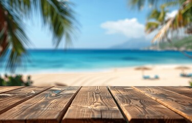 Wooden table on tropical beach with ocean view, perfect for product display and summer vibes