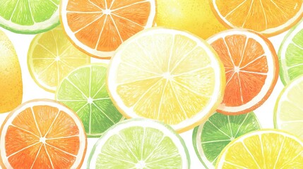 Fototapeta premium A collection of oranges and limes cut in two on a white backdrop, surrounded by green and orange tones