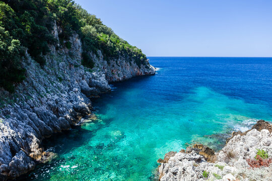Brisani Bay (Gjiri Brisanit), Karaburun National Park in Albania near Orikum town, Vlore county. Awesome turquoise water of the sea in Albania.