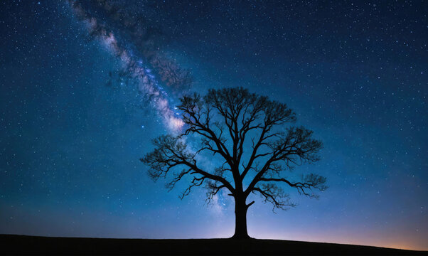 A lone tree stands tall against the backdrop of a star-filled night sky, the Milky Way stretching across the horizon