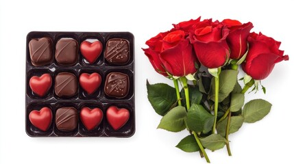 Flat lay of red roses, heart-shaped chocolates, and a love card, isolated on white background