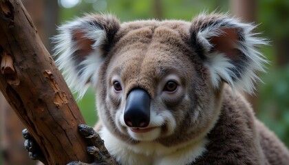 Fototapeta premium Close-up portrait of a cute koala sitting on a tree branch with a natural green background