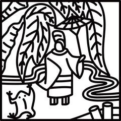 線画正方形シンプル花札　霜月　栃　11月　小野道風　栃に小野道風