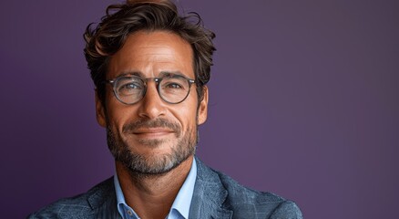 Fototapeta premium Confident Smiling Businessman in Glasses and Suit Against Purple Background