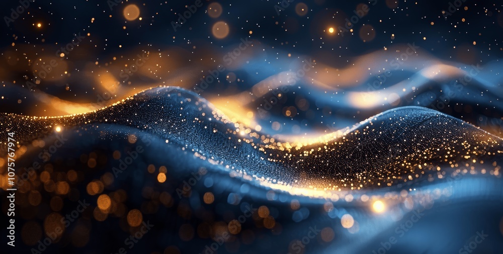 Poster dark blue and gold abstract background with glitter and bokeh lights