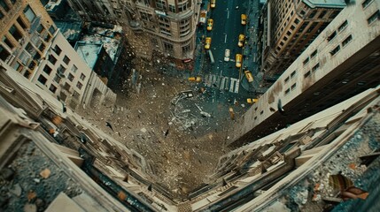 A city view from the top of a building with a large pile of rubble in the middle