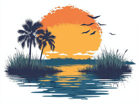 Everglades national park vintage style illustration isolated on a white background