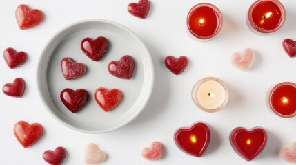 Valentine flat lay with heart-shaped candies, a romantic card, and candles, isolated on white