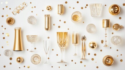 Elegant flat lay of gold champagne glasses, luxury party decorations, and sparkling confetti, isolated on white