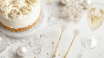 Fototapeta premium Elegant flat lay with gold cake toppers, champagne glasses, and crystal confetti for a special occasion, isolated on white