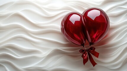 Two red heart balloons tied together with a red ribbon on a white wavy background.