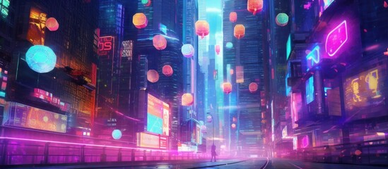 A futuristic cityscape with neon lights, floating orbs, and a lone figure walking down the street.