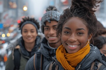 Young diverse group of black friends with backpacks smiling in urban city street