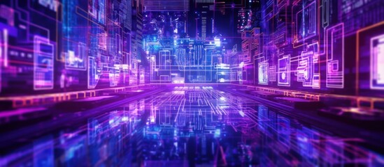 Futuristic digital city with neon lights and glowing interfaces.